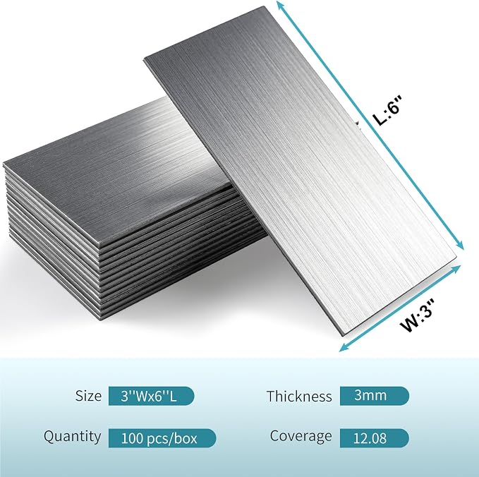 Vamos Tile 100-Piece Peel and Stick Backsplash Seamless Tile,3''x6'' Brushed Stainless Steel Metal Subway Tile,Stick on Backsplash for Kitchen/Bathroom/Laundry Room