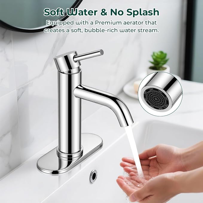 Bathroom Faucet, Single Handle Vanity Sink Faucet, Chrome | Chrome, for 1/3-Hole, Stainless Steel, Ceramic Cartridge, Pop-Up Drain, Deck Plate, For Vanity Powder Laundry
