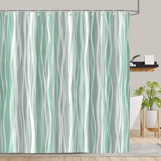 Moonslim Sage Green Grey Ombre Shower Curtain, Modern Wavy Abstract Striped Line Bathroom Curtain, Waterproof Fabric Bath Decor, 72 x 72 Inch