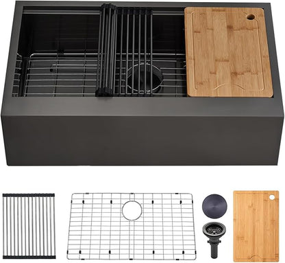 33 Inch Black Farmhouse Sink, 33x20 Gunmetal Black 16 Gauge Stainless Steel Single Bowl Workstation Flat Apron Front Farm Kitchen Sink with Cutting Board