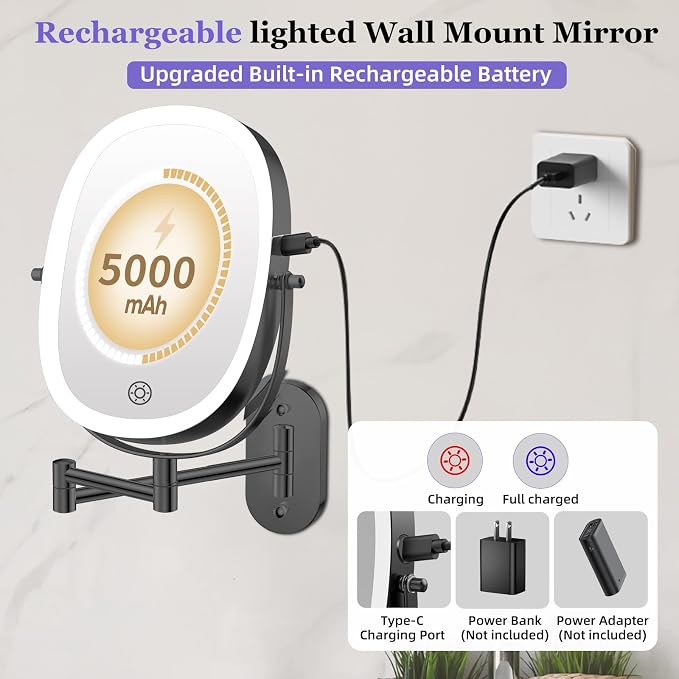 FUNTOUCH 5000mAh Rechargeable Wall Mounted Lighted Makeup Mirror,Black | Double Sided 30X/1X Magnifying Mirror Wall Mounted,Extended Arm 360°Rotation,Touch Dimmable,3 Color Lights for Bathroom