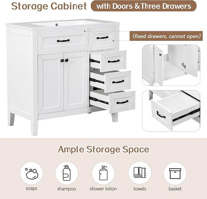 36" Bathroom Vanity Without Sink, Base Only,Solid Wood Cabinets Basin Vessel Set w/Water, Stain Proof,Enclosed Storage Spaces,Eco-Friendly Painting,Easy to Install,White