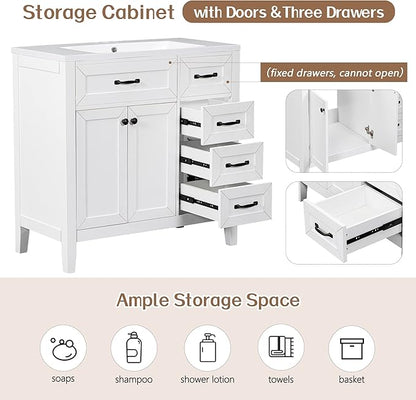 36 Inch Bathroom Vanity Without Sink, Base Only, Storage Cabinet with Doors and Drawers, White