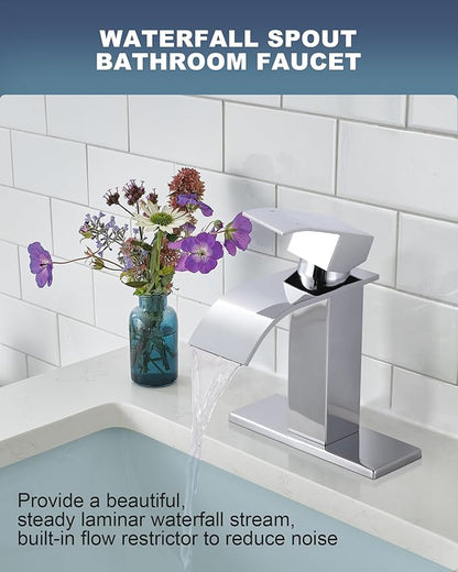 ARCORA Waterfall Bathroom Faucet Chrome: Modern Single Handle Bathroom Faucet for 1 or 3 Hole - Bathroom Sink Faucet with Pop Up Drain and Supply Lines