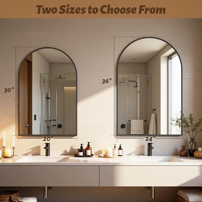 Antok Arched Bathroom Mirror, 20"x30" Wall Mounted Mirror, Vanity Mirrors for Over Sink, Aluminum Alloy Frame Bathroom Mirrors Living Room, Bedroom and Entryway, Black