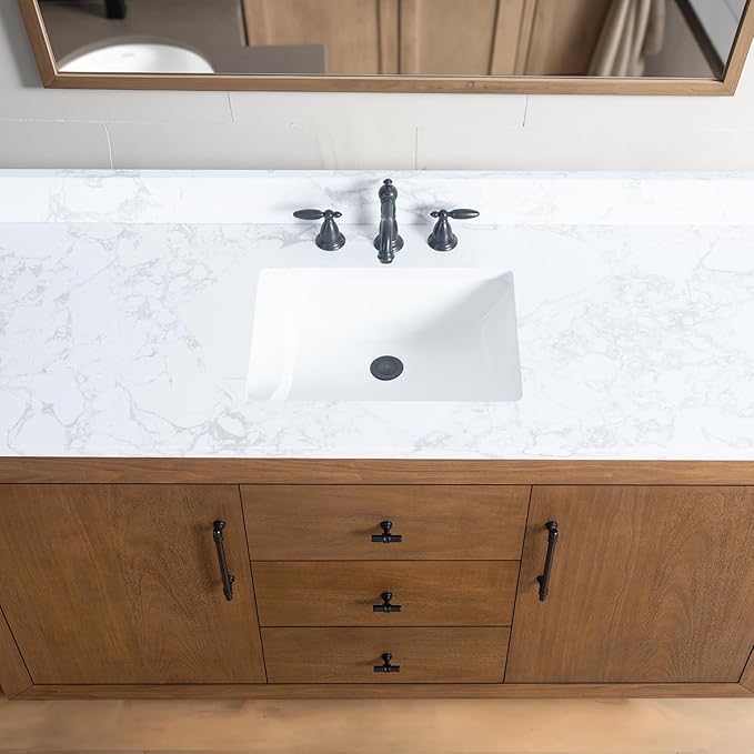 Vanity Art 60" Bathroom Vanity with Sink, Solid Poplar Wood Vanity Cabinet with Doors and Shelf, Modern Bathroom Vanity with White Marble Top, 3 Functioning Drawers,VA70-60-ST-E