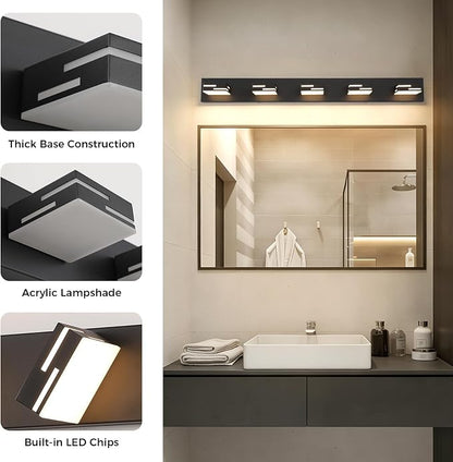 5-Light 5CCT Modern Bathroom Vanity Light Fixtures, 40-Inch 350° Rotatable LED Vanity Lights Over Mirror, Dimmable Matte Black Metal Wall Sconce 2700K-6000K Selectable