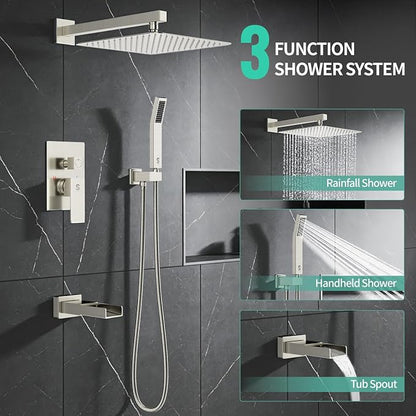 SR SUN RISE 12 Inch All Metal Square Shower System with Tub Spout, Tub Shower Faucet Set, High Pressure Rain Shower Head and Handheld Sprayer Shower Fixtues, Valve Included, Brushed Nickel