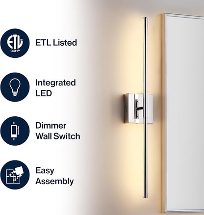 JONATHAN Y 28" Chrome Modern Dimmable Integrated LED Wall Sconce, Metal Vanity Light for Bathroom Mirror Bedroom Hallway, Sleek Hardwired Wall Lamp Fixture, 3000K JYL7022A