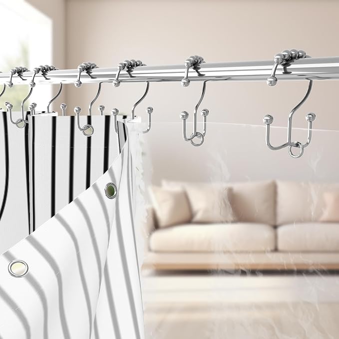 3 in 1 Shower Curtain Set, Boho Mid Century Modern, White and Black | Polyester Bath Curtain with Magnetic PEVA Liner and 12 Double Sided Stainless Steel Hooks 72x72 Inches