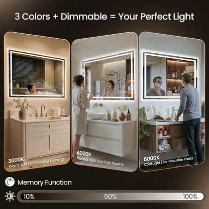 40x30 LED Bathroom Mirror with Anti-Fog, Backlit & Front Lights, Memory | Dimmable 3 Color CRI 95+ Shatterproof Tempered Glass ETL Listed for Safety Lighted Bathroom Vanity Mirror for Wall