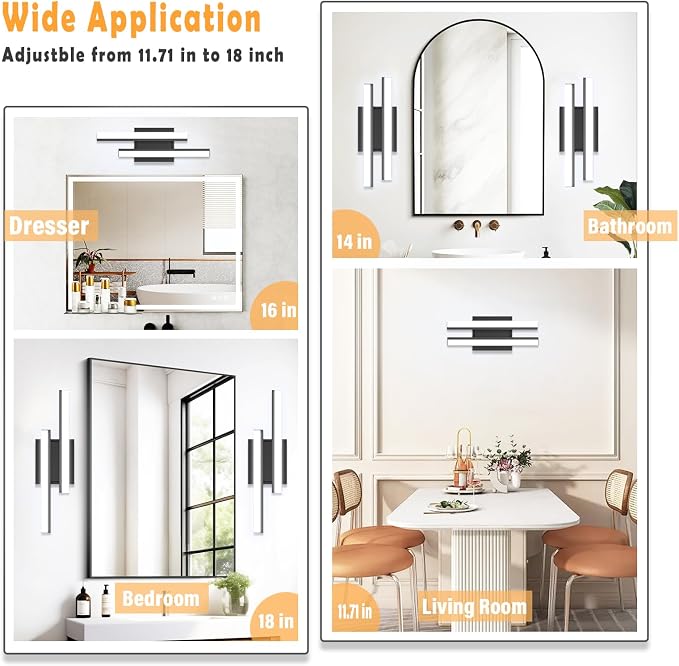Modern Bathroom Light Fixtures Over Mirror: ETL Certified 18-Inch Retractable Vanity Light Bar for Bathroom, Dimmable LED Black Bathroom Lamp IP44 - Wall Light Fixture 5700K Cool White(1 Pack)