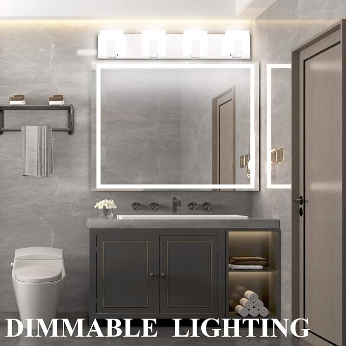 Aipsun 4 Lights Dimmable Modern LED Vanity Light for Bathroom Frosted White Acrylic Chrome Up and Down Bathroom Wall Light Fixtures Over Mirror(White Light 6000K)