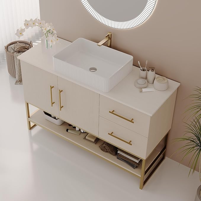 47.2 inch Modern Bathroom Vanity with Ceramic Vessel Sink, Gold Accent Freestanding Bathroom Cabinet with Wood Countertop, Soft Closing Cabinet, 2 Sliding Drawers & Open Storage Shelf, White Oak