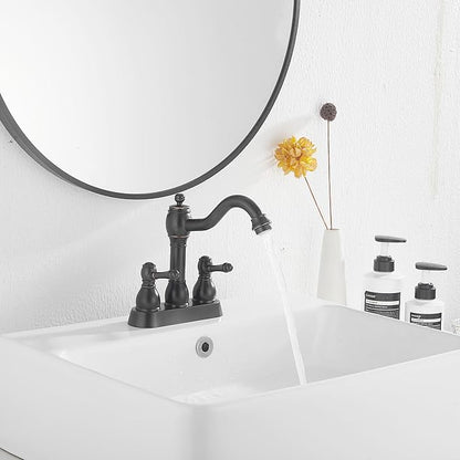 GGStudy Oil Rubbed Bronze Bathroom Faucet 2 Handles 4 Inches Centerset RV Bathroom Vanity Faucet with Drain Assembly and Supply Hose Lavatory Faucet