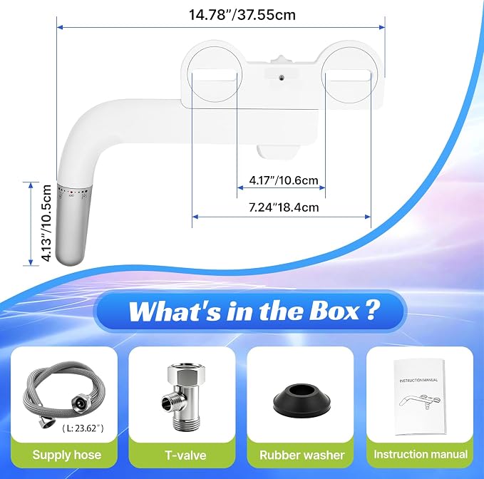 Bidet Attachment for Toilet,Ultra Thin Dual Nozzles,Cold Water Knob Control | One-click detach,0.23" slim ultra thin body, foldable double nozzle, adjustable water pressure, suitable for most toilets