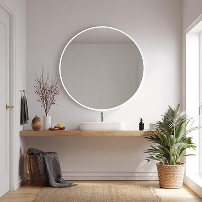 Round Mirror 38 inch, White Circle Mirror, Matte White Metal Frame | Matte White Metal Frame, High Definition, Waterproof, Easy Installation, Suitable for Dressing Room, Cloakroom, Bedroom,