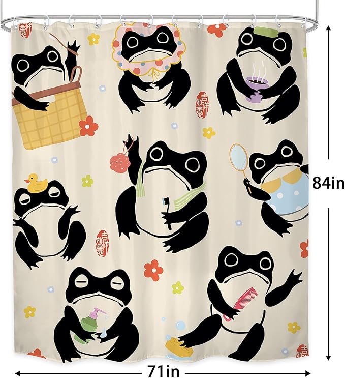 LGhtyro Funny Frog Shower Curtain Bathroom Set 71Wx84H Inches Extra Long Japanese Cute Fun Kids Washing Animal Asian Traditional Floral Bath Accessories Cartoon Art Home Decor Fabric 12 Pack Hooks
