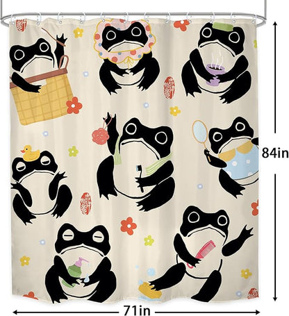 LGhtyro Funny Frog Shower Curtain Bathroom Set 71Wx84H Inches Extra Long Japanese Cute Fun Kids Washing Animal Asian Traditional Floral Bath Accessories Cartoon Art Home Decor Fabric 12 Pack Hooks