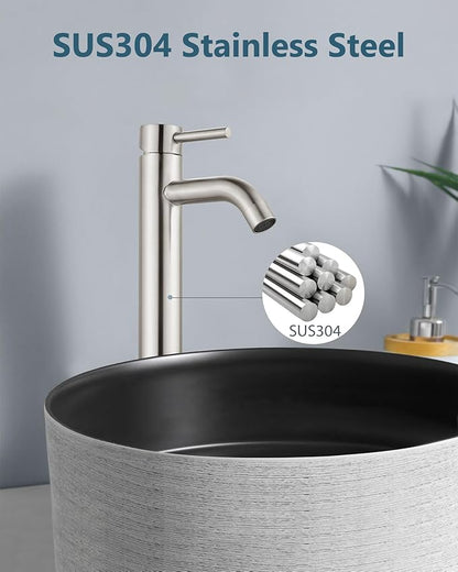 Aolemi Vessel Sink Faucet – SUS304 Stainless Steel Tall Bathroom Faucet,Single Lever Handle,1 Hole Bathroom Faucets with Supply Lines and Pop Up Drain,Brushed Nickel