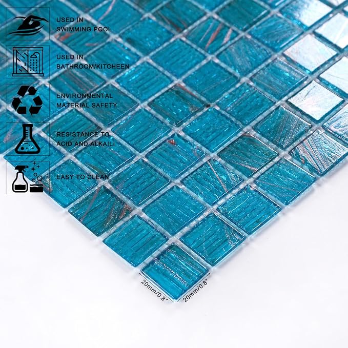 11.5 sq.ft Azure Blue Glass Mosaic Tile for Bathroom, Pool, Backsplash | Waterproof Wall & Floor Tile. Heat & frost resistant outdoors. Mesh-mounted easy install. Use any grout. Easy clean. 10pcs.