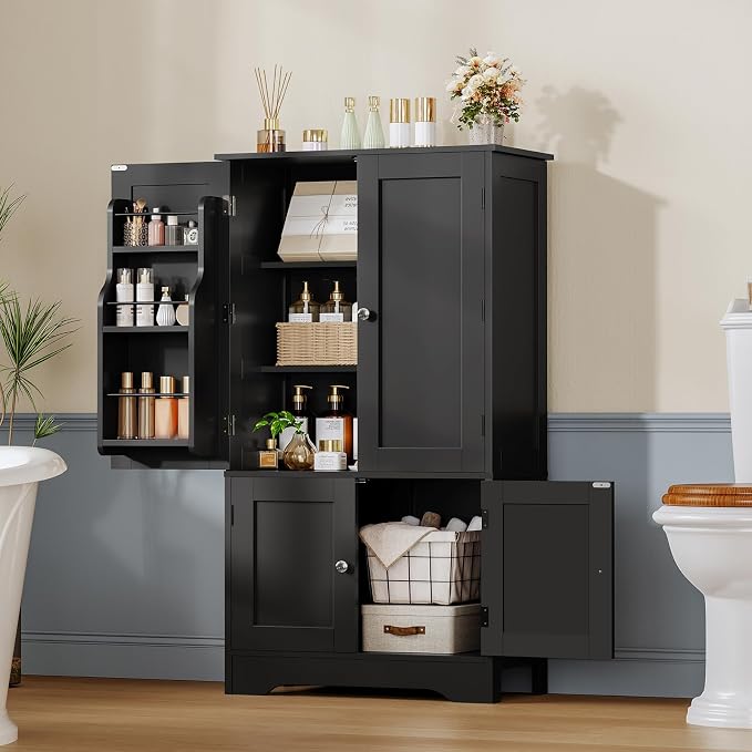 Storage Cabinet with 4 Doors, Kitchen Cabinet with 6 Door Shelves | Kitchen Pantry Cabinet with Adjustable Shelves, for Living Room, Dining Room, Bathroom, Black