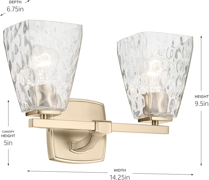 Kichler Marant 14.25" 2-Light Vanity Light with Clear Water Glass in Champagne Bronze, for Bathroom, Powder Room, Over a Mirror, (14.25" W x 9.5" H), 55215CPZWTR