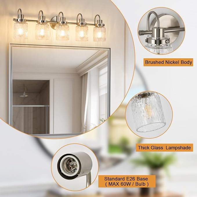 5 Lights Bathroom Vanity Light, Brushed Nickel Bathroom Light Fixtures with Hammered Glass Lampshade for Dressing Table,Over Mirror,Hallway