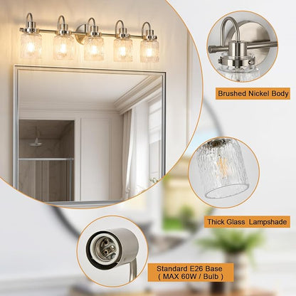 5 Lights Bathroom Vanity Light, Brushed Nickel Bathroom Light Fixtures with Hammered Glass Lampshade for Dressing Table,Over Mirror,Hallway