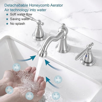 RKF Bathroom Faucets for Sink 3 Brushed Nickel 8 inch Widespread Bathroom Sink Faucet with Drain Double Lever Handle Faucet Bathroom Vanity Faucet Basin Mixer Tap WF013-BN