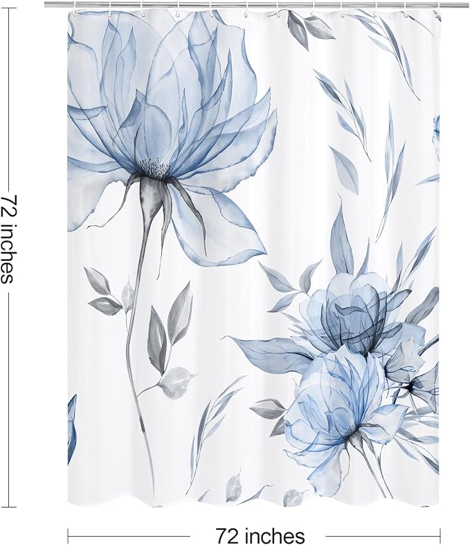 Litabel Blue and Grey Boho Watercolor Floral Shower Curtain, Ink Painting Style Blossom & Leaf Shower Curtains for Chic Elegant Bathroom, Artistic Fabric Cloth Flower Shower Curtain, 72x72