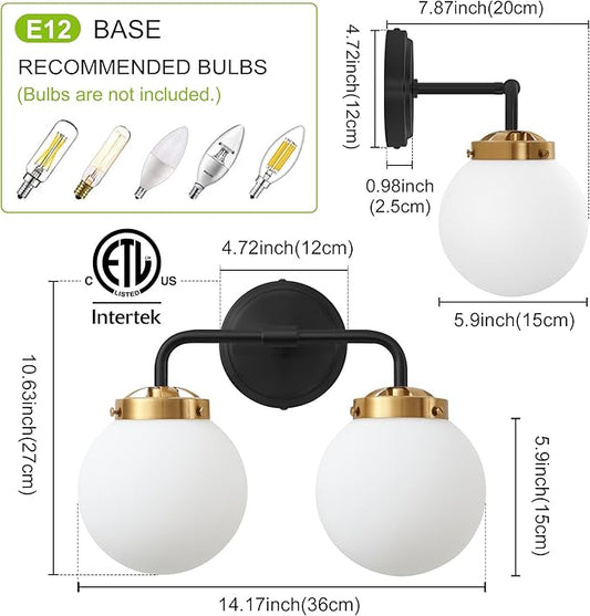 Black Gold Bathroom Light Fixtures Over Mirror, 14.17'' Vanity Lighting with Milk White Glass Globe Shades 2-Light Farmhouse Wall Sconce