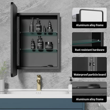 Black Medicine Cabinet Mirror,20x26 Inch Recessed Metal Framed Medicine Cabinet for Bathroom with Mirror,Adjustable Shelves Rounded Rectangle Bathroom Cabinet