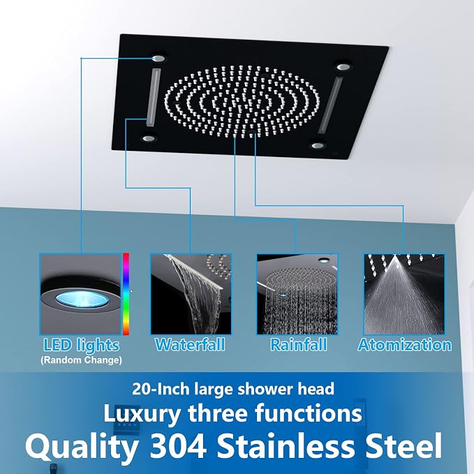 Enga Full Body LED Thermostatic Shower System with Body Jets, 20-Inch 3 Function Shower Head (Rainfall & Mist & Waterfall), Luxury Multi Function Rain Shower Faucet Set, Matte Black