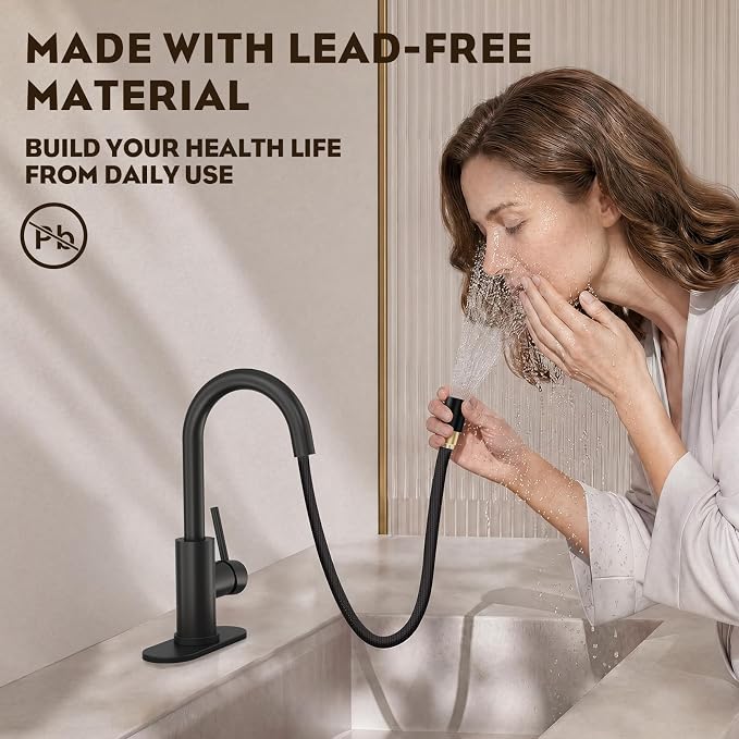 Tall Bathroom Faucet with Pull Out Sprayer,Matte Black Single Handle Swivel Pull Down Faucet,Pop-Up Drain,1 or 3 Hole 2 Model RV Bar Laundry Utility Sink Faucet with Deck Plate, WE08CL-ZY-MB