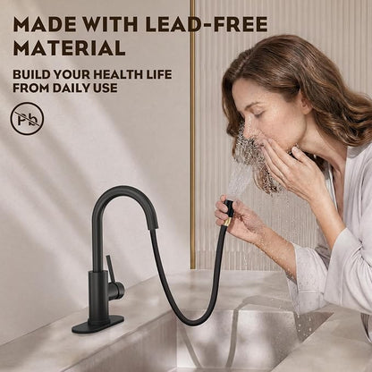 Tall Bathroom Faucet with Pull Out Sprayer,Matte Black Single Handle Swivel Pull Down Faucet,Pop-Up Drain,1 or 3 Hole 2 Model RV Bar Laundry Utility Sink Faucet with Deck Plate, WE08CL-ZY-MB