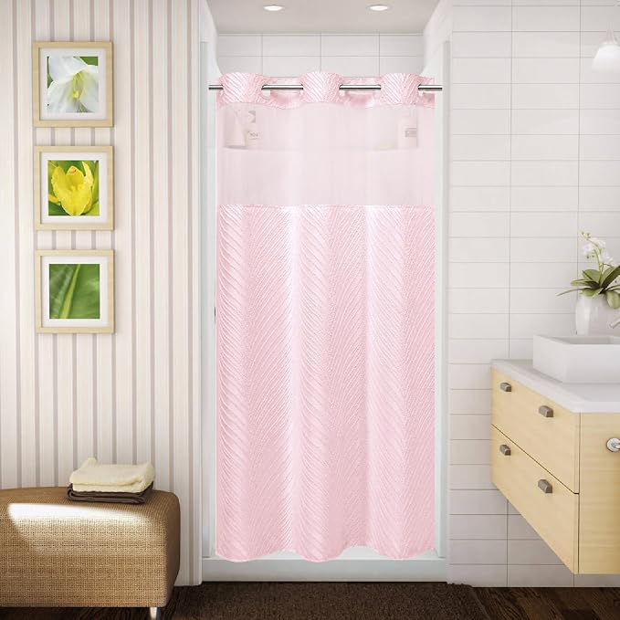 eachope stall no Hook Tufted Shower Curtain with snap in Liner Set, White Waterproof Fabric Inner Liner,Boho Style Shower Curtain with See Through top Window, Pink, 36Wx74H