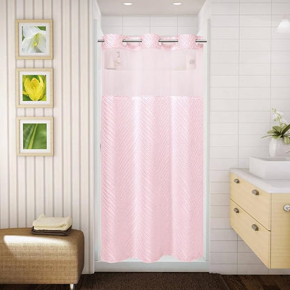 eachope stall no Hook Tufted Shower Curtain with snap in Liner Set, White Waterproof Fabric Inner Liner,Boho Style Shower Curtain with See Through top Window, Pink, 36Wx74H