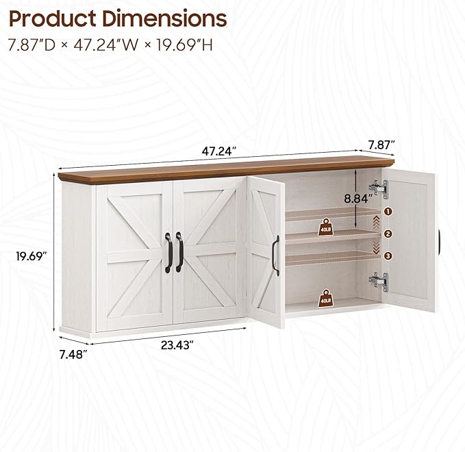 47" Laundry Room Cabinets and Storage with 4 Doors and Utility Adjustable Shelf, Large Wall Mounted Storage Cabinet, Upper Kitchen Cabinet for Laundry, Bathroom, and Kitchen, White and Brown