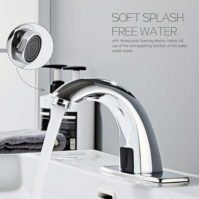 Touchless Bathroom Sink Faucet Automatic Motion Sensor Hands Free Faucet with Hole Cover Plate and Temperature Mixer,Commercial Solid Brass Faucet,AC/DC Powered,1 Hole or 3 Hole (Chrome)