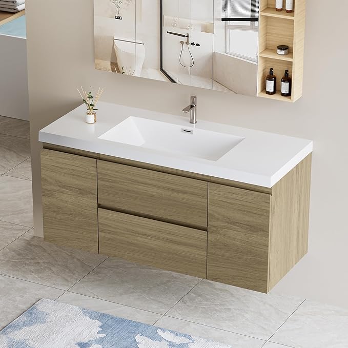 Floating Vanity Bathroom, 48 Inch Bathroom Vanity with Sink, Wall Mounted Single Sink Bathroom Vanity, Soft Closed 2 Drawers, Integrated Sink (Natural Oak)