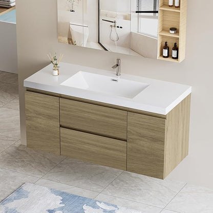 Floating Vanity Bathroom, 48 Inch Bathroom Vanity with Sink, Wall Mounted Single Sink Bathroom Vanity, Soft Closed 2 Drawers, Integrated Sink (Natural Oak)