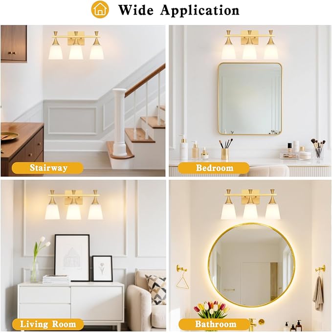 3 Light Modern Bathroom Vanity Light, Milk Glass Wall Light Fixtures Over Mirror, Brushed Gold Vanity Lighting for Bathroom, Living Room, Bedroom, E26 Base (Exclude Bulb)