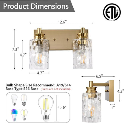 2 Light Bathroom Vanity Light Modern Brushed Gold Bathroom Light Fixtures Over Mirror with Hammered Glass Lampshade for Kitchen Hallway