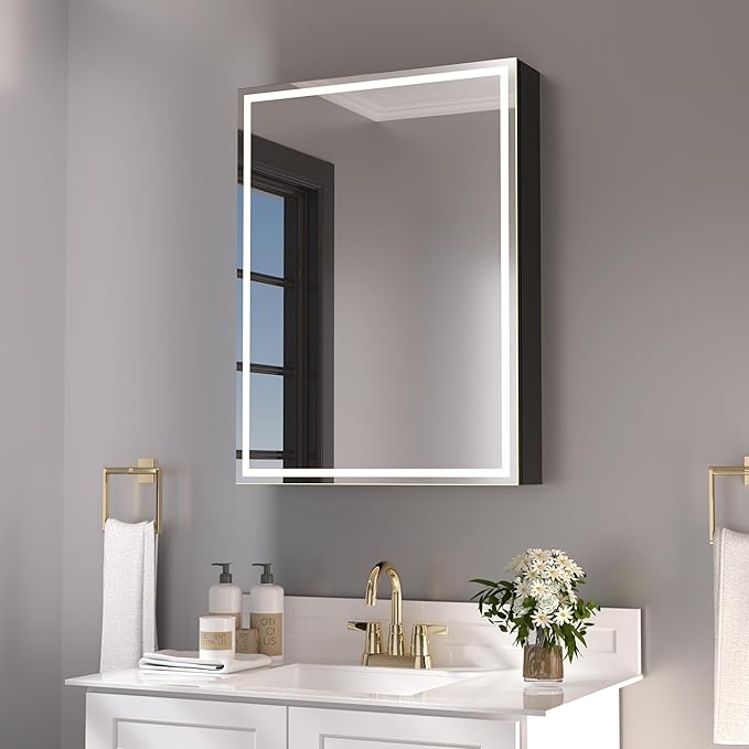 28x20inch LED Medicine Cabinet Lighted Bathroom Mirror, Defogger, Stepless Dimmable, 3000K/5500K Color Temperature Wall Mounted Makeup Mirror, Adjustable Shelf (Assembly Required), Black