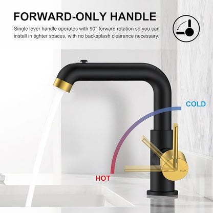 Black & Gold Pull Down Bathroom Faucet 1 Handle, 1 Hole Vanity Faucet | Pull Out Bathroom Faucet with Pop Up Drain & 6 Inch Deck Plate, Lead-Free cUPC & NSF Certified, 1 Hole Faucet for Vanity RV