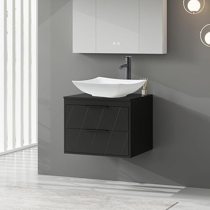 eclife 24" Floating Bathroom Vanities with Sink Combo, Wall Mounted Modern Cabinet W/Diamond Line Pattern Design, White Curved Ceramic Vessel Sink W/Water Save Faucet & Pop Up Drain, Black