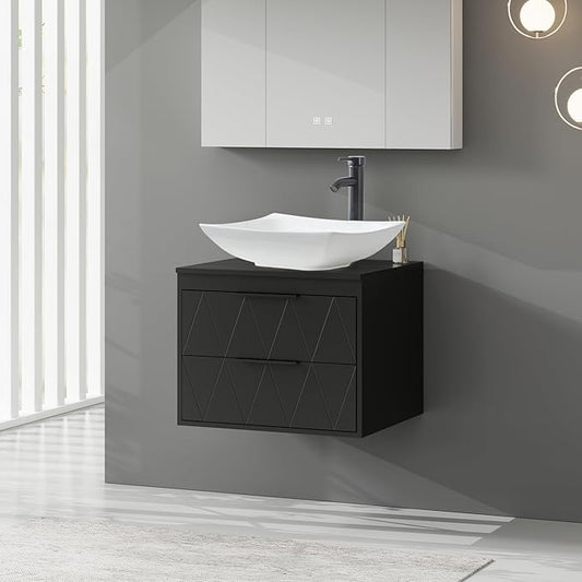 eclife 24" Floating Bathroom Vanities with Sink Combo, Wall Mounted Modern Cabinet W/Diamond Line Pattern Design, White Curved Ceramic Vessel Sink W/Water Save Faucet & Pop Up Drain, Black