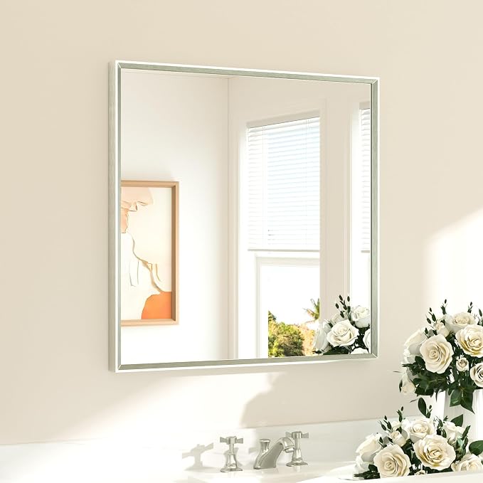 Brushed Nickel Bathroom Mirror for Over Sink 30" x 30" Brushed Nickel Beveled Framed Rectangle Vanity Mirror for Bathroom, Bedroom, Entryway, Living Room, Tempered Glass, Stronger Frame
