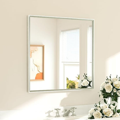 Brushed Nickel Bathroom Mirror for Over Sink 30" x 30" Brushed Nickel Beveled Framed Rectangle Vanity Mirror for Bathroom, Bedroom, Entryway, Living Room, Tempered Glass, Stronger Frame